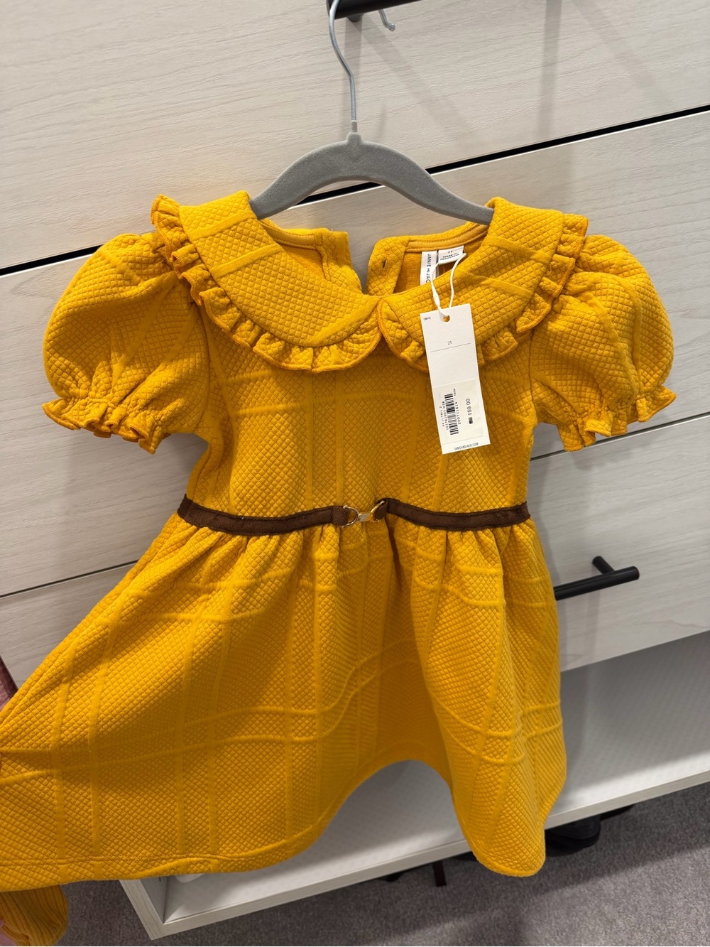 Janie and Jack Golden Yellow Textured Ruffle-Collar Dress with Brown Belt